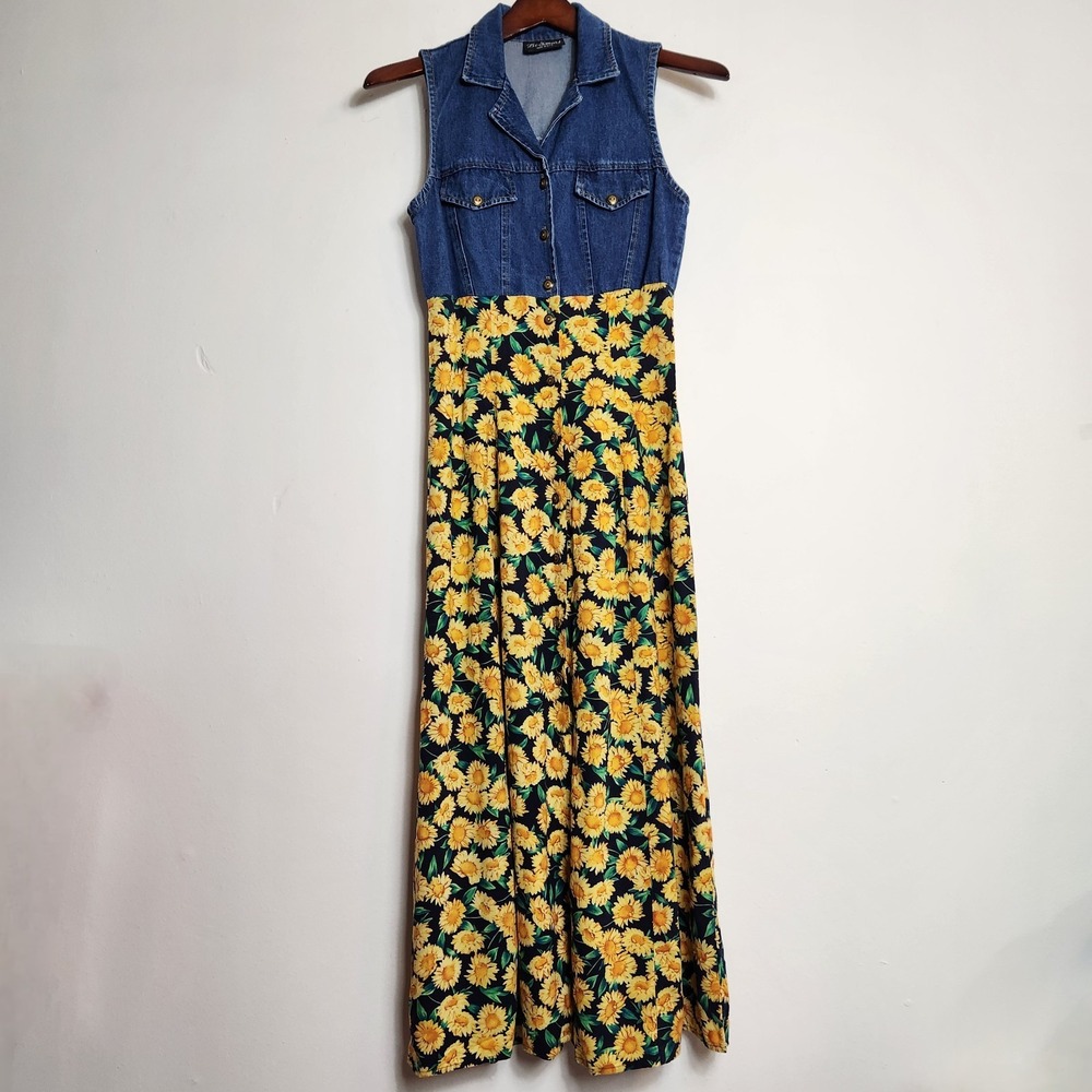 Vintage 90s Be Smart Sunflower Denim Maxi Dress Size 7 Cottagecore Country USA
